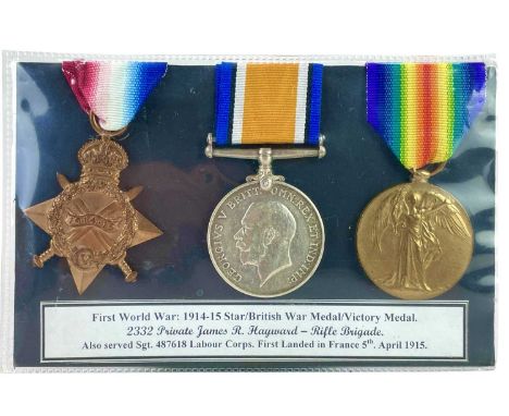 WWI trio Awarded to 2332 acting Corporal later acting Sgt James R Hayward Rifle Brigade. British War, Victory medals and 1914