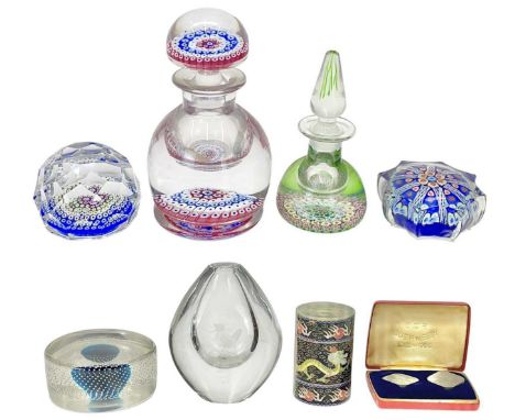 A millefiori glass ink bottle and stopper. Probably Stourbridge, 20th century, height 16 cm, a similar smaller example, three