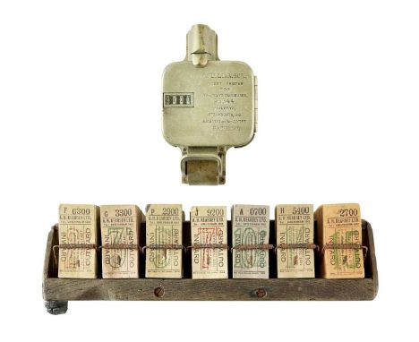 A Williamson ticket printer. For tramways, omnibuses, railways and steamboats, with a wooden ticket rack filled with A.H. Kea