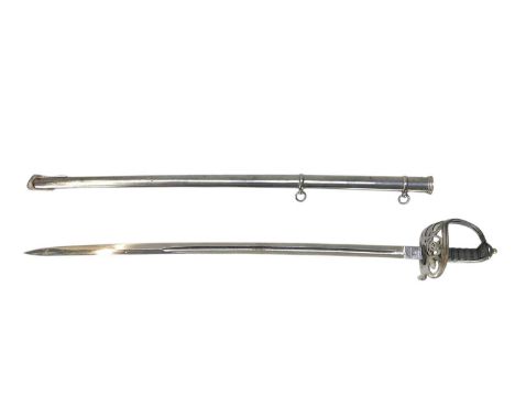 A Victorian Volunteer rifles officer's sword. With an 83cm etched steel blade, the pierced hilt with strung bugles, wire boun