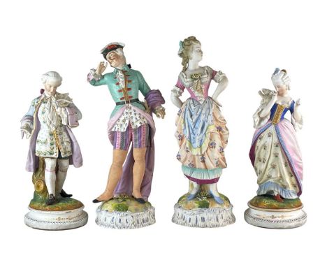 A pair of 19th century French bisque porcelain figures. Modelled with 18th century costume and each holding a dove and a lett