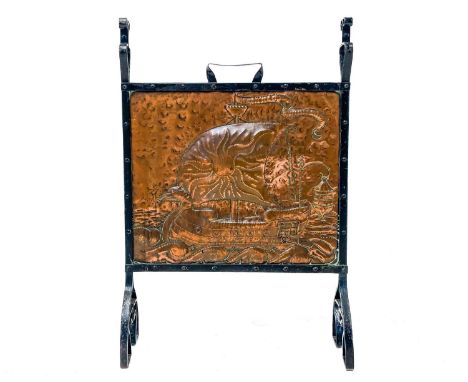 An Arts and Crafts copper and wrought iron firescreen. Attributed to John Pearson, repousse decorated with a sailing ship, wi