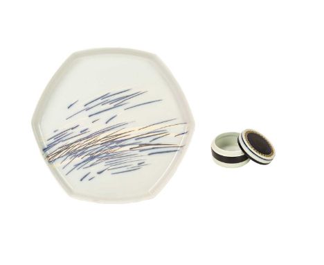 Royal Copenhagen ceramics. A hexagonal dish with an abstract design by Ivan Weiss, width 30cm, IW monogram to the base, and a