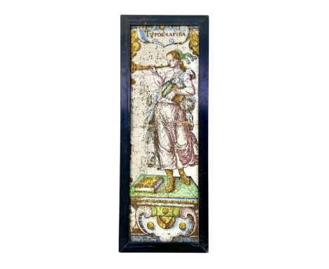 A large tinglazed Faience tile. Probably late 17th century, painted in polychrome colours with a trumpeting female figure, in