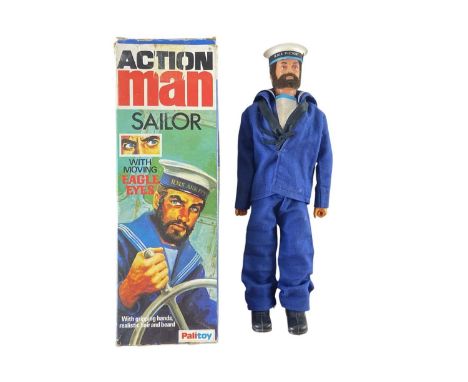 A Palitoy Action Man sailor. With moving eagle eyes, gripping hands, realistic hair and beard, boxed, with original manual an