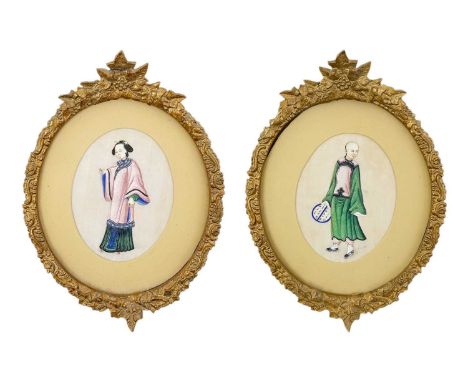 A pair of Chinese pith paper portrait paintings, early 19th century. 34 x 23.5cm. (2)