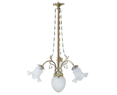 A French brass and glass pendant light fitting. 20th century, the central fluted column with an etched and cut shade, the thr