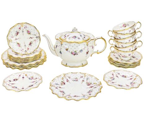 A Royal Crown Derby Royal Antoinette pattern part tea service. Comprising a teapot and cover, five side plates, seven small s
