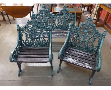 A Coalbrookdale type Gothic pattern cast iron garden bench and pair of chairs