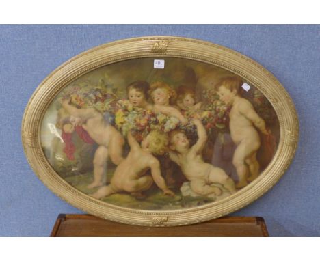 An interior scene print, Venetian print of a young couple and print of cherubs, framed