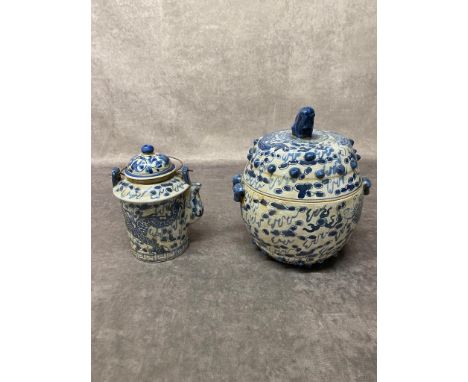 2 antique blue and white Chinese pots both with 5 clawed dragon motifs.