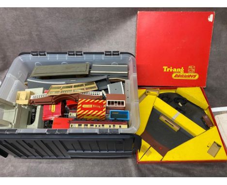 A collection of railway paraphernalia:    TRIANG 00 gauge 2 rail system with 0-4-0 tank engine, boxed turntable (electric) st