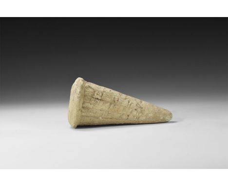 Second Dynasty of Lagash, Reign of Gudea, 2141-2122 BC. A ceramic votive cone with cuneiform inscription of Gudea, dedicated 