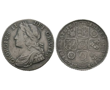 Dated 1735 AD. Obv: profile bust with GEORGIVS II DEI GRATIA legend. Rev: cruciform arms with alternating rose and plume in a