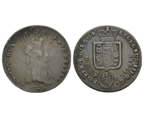 Dated 1804 AD. Obv: crowned arms with 1/6 below with N D R F F SILBER below and GEORGIUS III D G BR REX F D legend and date. 