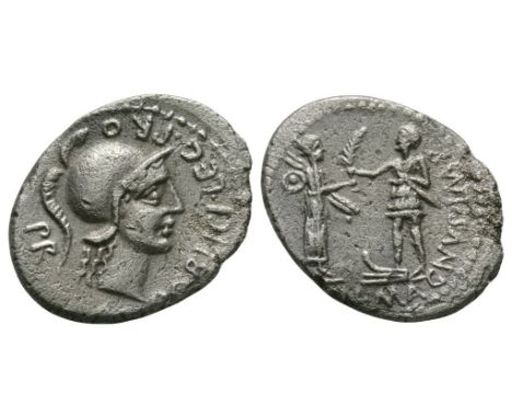 46-45 BC. Spanish mint. Obv: M POBLICI LEG PRO PR legend with helmetted head of Roma right. Rev: CN MAGNVS IMP legend with Hi
