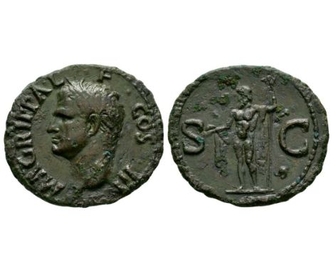 37-41 AD. Rome mint. Obv: M AGRIPPA L F COS III legend with head left wearing rostral crown. Rev: Neptune standing facing, he