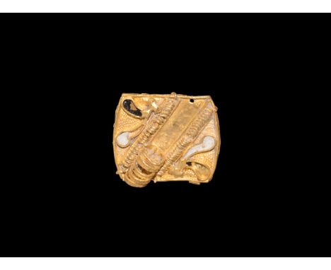 15th-16th century AD. A rectangular gold mount with applied rings and enamel detailing, attachment loops to the reverse.  1.5
