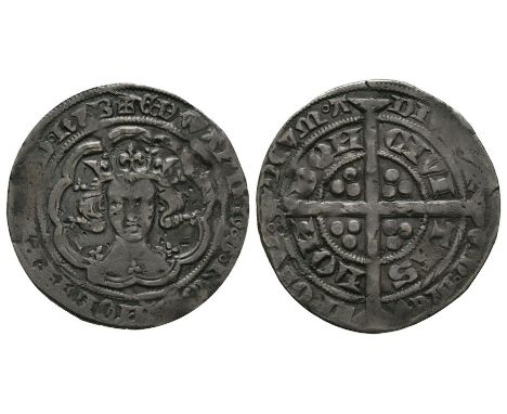 1352-1353 AD. Series B. Obv: facing bust within tressure with EDWARD D G REX ANGL Z FRANC D HYB legend. Rev: long cross and p