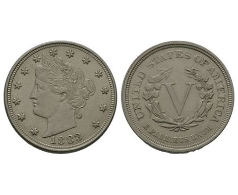 Dated 1883 AD. First type. Obv: bust of Liberty with date below and stars around. Rev: large V within wreath with UNITED STAT