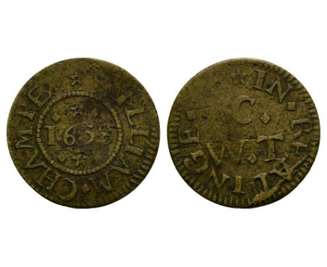 Dated 1658 AD. William Champ, Reading. Obv: date with WILLIAM CMAPE legend. Rev: initials C above W T with IN READINGE legend
