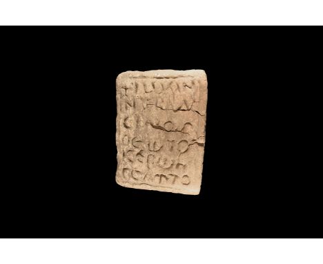 6th-9th century AD. The face of a ceramic block, square in plan with triangular profile with incised text to three faces: (1)