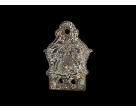 11th century AD. A bronze mount of Class A, Type 1 with silver-inlaid addorsed horse-heads beneath the pierced loop, two hole