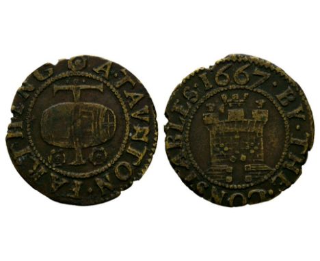 Dated 1667 AD. Borough token, Taunton. Obv: castle with BY THE CONSTABLES legend and date. Rev: T over tun with small rose be