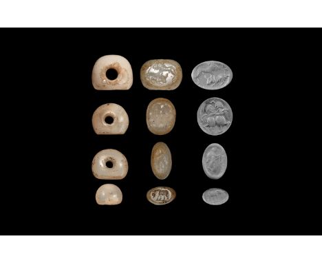 3rd-6th century AD. A group of four agate stamp seals comprising of: one large with a horse, one large with a scene of lion h