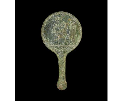 4th-3rd century BC. A bronze hand-mirror with palmette and decorative band to the handle, rosette to the finial; reverse of t