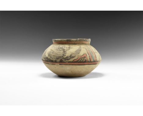 4th-3rd millennium BC. A low ceramic bowl with flared rim, band of polychrome fish and crab(?) motifs to the shoulder. See Sa