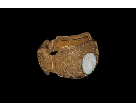 Qing Dynasty, 19th century AD. A silver-gilt bracelet with slightly domed upper section with fine mesh pattern over surface w
