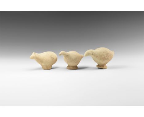 3rd-2nd millennium BC. A mixed group of ceramic animals, each a rattle.  247 grams total, 95-99mm (3 3/4 - 4"). From a German