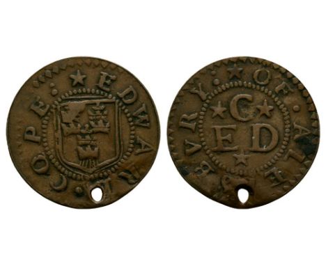 17th century AD. Edwrad Cope, Aylesbury. Obv: draper's arms with EDWARD COPE legend. Rev: initials C over E D with OF ALESBVR