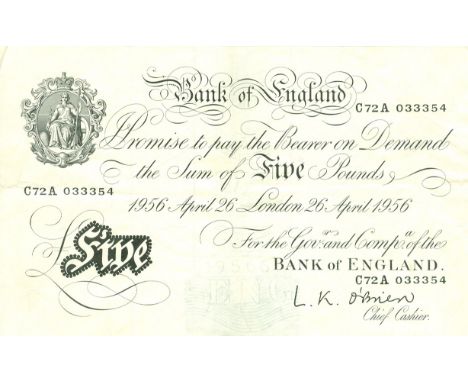 Dated 26 April 1956 AD. L. K. O'Brien, London, serial no C72A 033354. Obv: Britannia vignette to top left with text. Rev: bla
