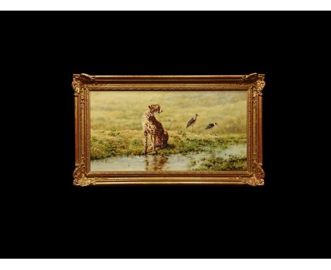 Dated 1991 AD. Oil on canvas of a cheetah seated by a riverside with two maribou storks behind; signed 'TONY FORREST '91' to 