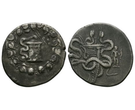 155-145 BC. Obv: cista mystica, lid open, with serpent left, all within ivy wreath. Rev: TPAL on left within curve of serpent