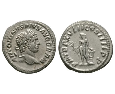 215 AD. Rome mint. Obv: ANTONINVS PIVS AVG GERM legend with laureate head right. Rev: P M TR P XVIII COS IIII P P legend with