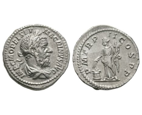 218 AD. Rome mint. Obv: IMP C M OPEL SEV MACRINVS AVG legend with laureate, draped bust right. Rev: P M TR P II COS P P legen