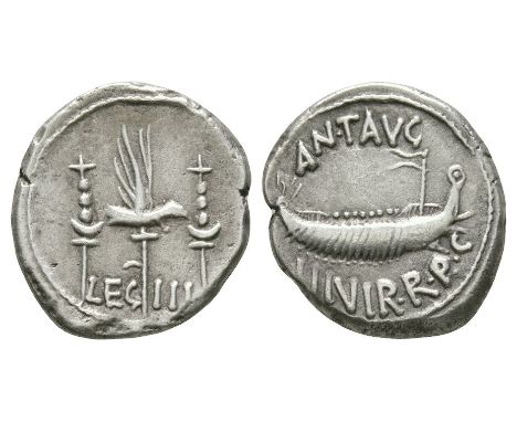 32-31 BC. Military mint travelling with Mark Anthony. Obv: ANT AVG III VIR R P C legend with Praetorian galley travelling rig