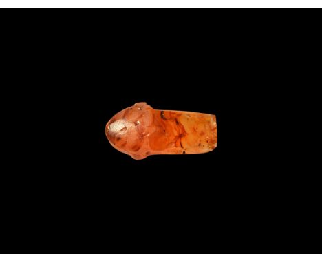 Late Period, 664-332 BC. A carnelian snake-head amulet, plano-convex in section. Cf. Flinders Petrie, W.M. Amulets illustrate