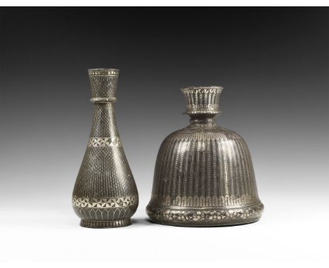 19th century AD. A group of Bidriware bronze vessels with silver inlay consisting of: a hookah base with flared rim inlaid wi