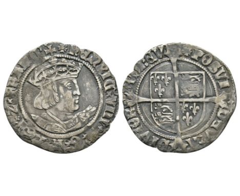 1526-1529 AD. Second coinage, bust D. Obv: profille bust with HENRIC VIII D G REX AGL Z FRANC legend and 'rose' mintmark. Rev