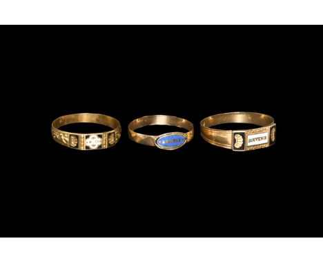 19th century AD. A mixed group of gold rings comprising: one with borders, reserved palmettes on black enamel, central panel 