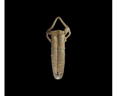 5th century AD. A glass double balsamarium comprising two parallel tubes joined at the base, each with flared rim and ribbed 