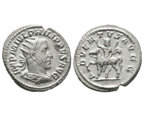 249 AD. Rome mint. Obv: IMP M IVL PHILIPPVS AVG legend with radiate, draped bust right. Rev: ADVENTVS AVGG legend with Philip