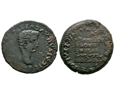 14-37 AD. Italica, Spain mint. Obv: TI CAESAR AVGVSTVS PONT MAX IMP legend with bare head right. Rev: MVNIC ITALIC PERM DIVI 