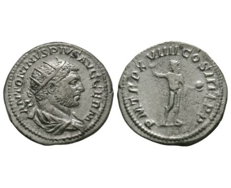 216 AD. Rome mint. Obv: ANTONINVS PIVS AVG GERM legend with radiate, draped bust right. Rev: P M TR P XVIIII COS IIII P P leg