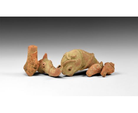 2nd-1st millennium BC. A mixed group of five ceramic fragment comprising of: two horse heads, one ram head, one humanoid head