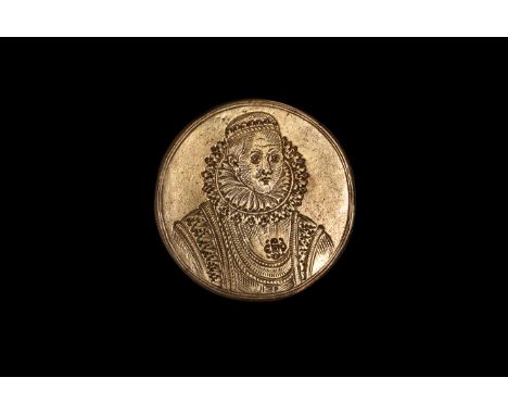 Early 17th century AD. A bronze medallic roundel with engraved bust of a noble lady wearing a court dress with elaborate ruff